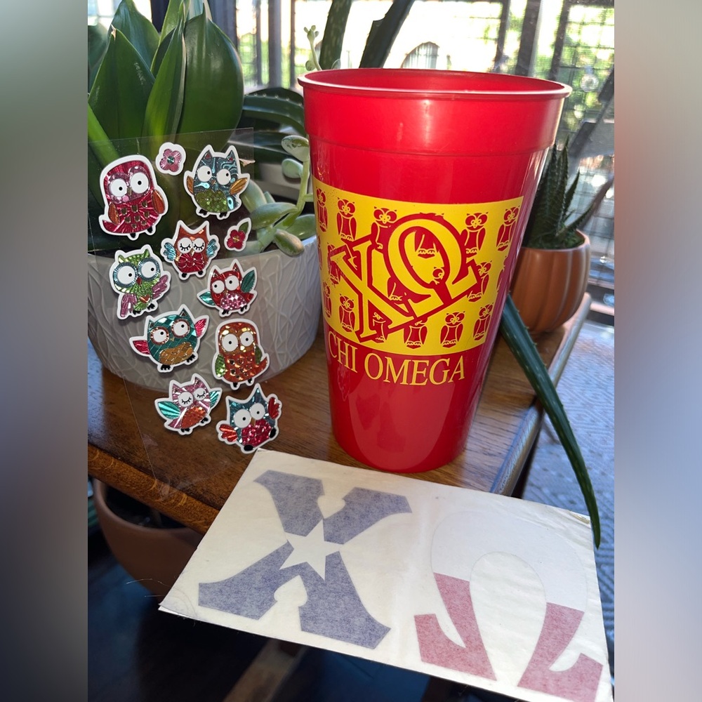 Chi Omega cup, Texas car decal, and owl stickers